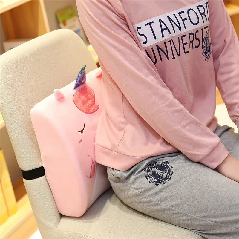 Cartoon memory foam seat back cushion in a choice of six anime designs like pink unicorn and green dinosaur.