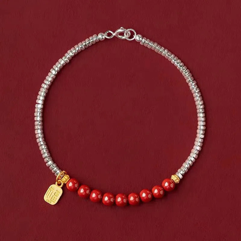 White silver lucky beads couple bracelet made of copper, 16 cm long with geometric design.