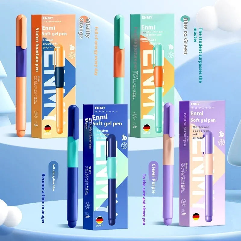 Student posture correction pen in plastic shell showing four colour options: blue, green, purple, orange