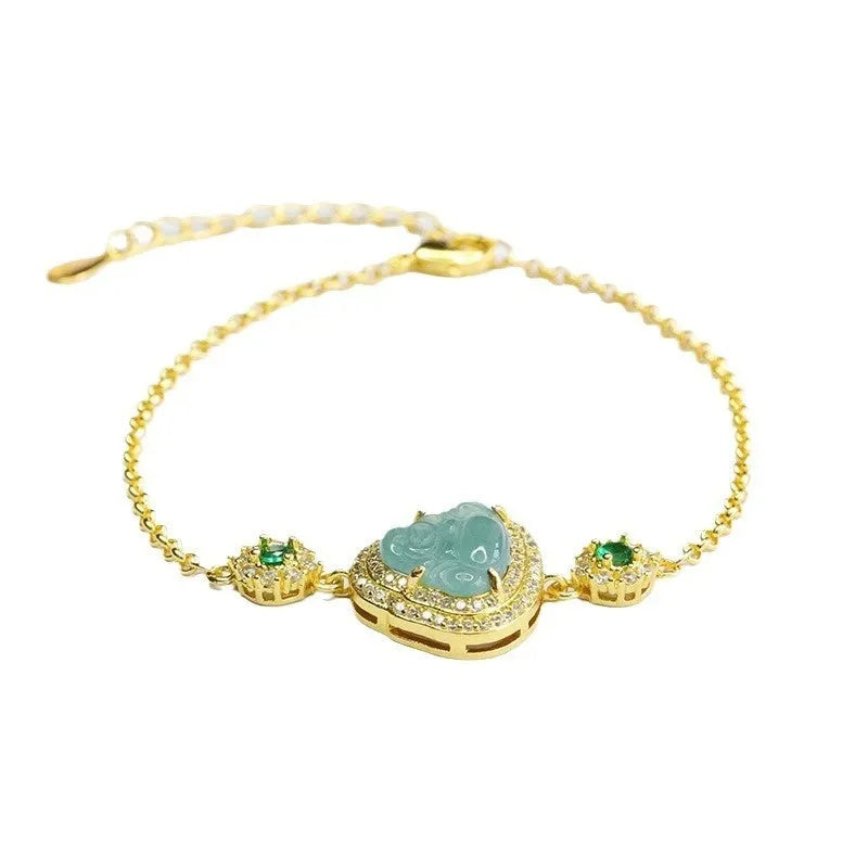 Emerald blue jade bracelet with carved Maitreya Buddha, size 10x13mm