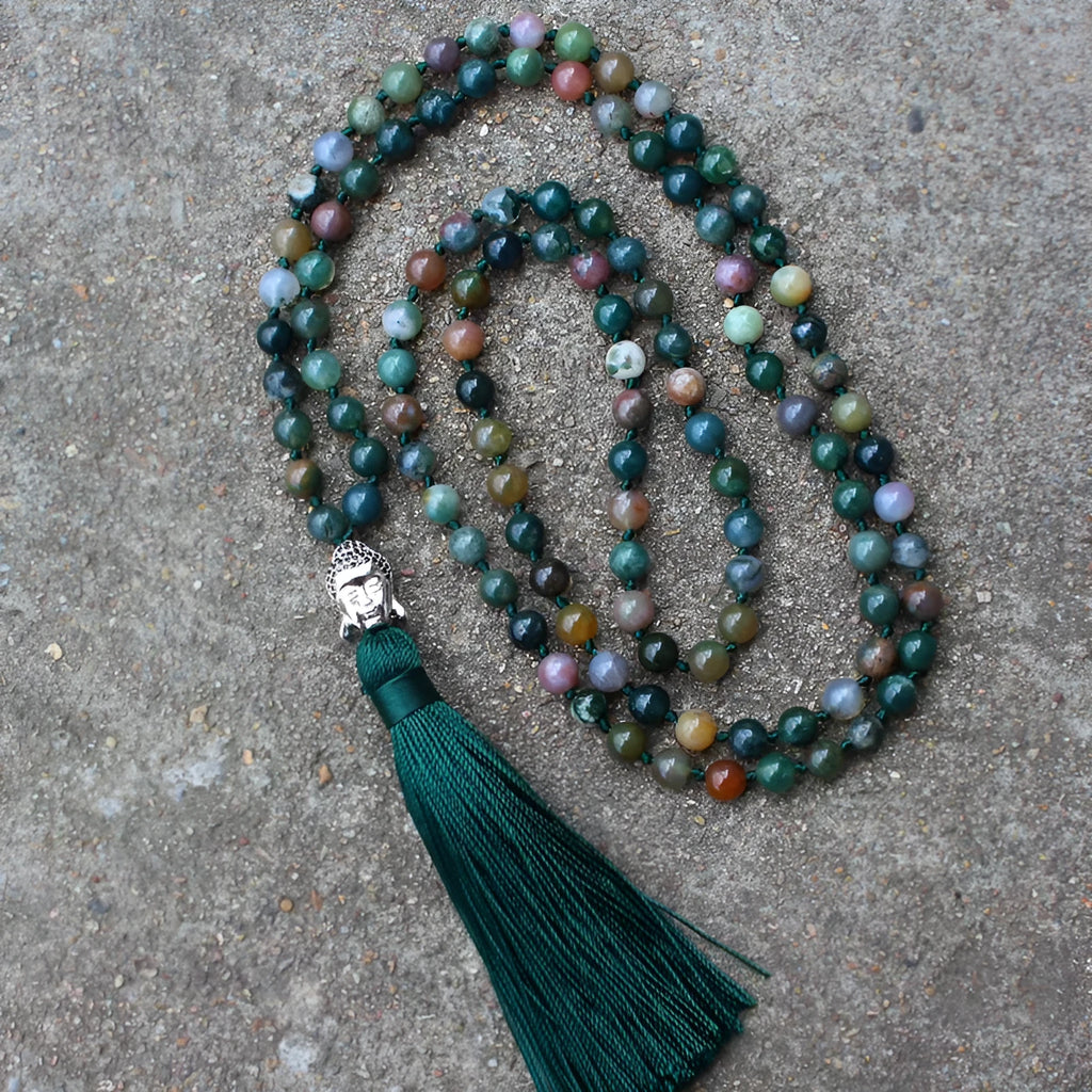India agate 108-bead blessing necklace with 6mm geometric beads
