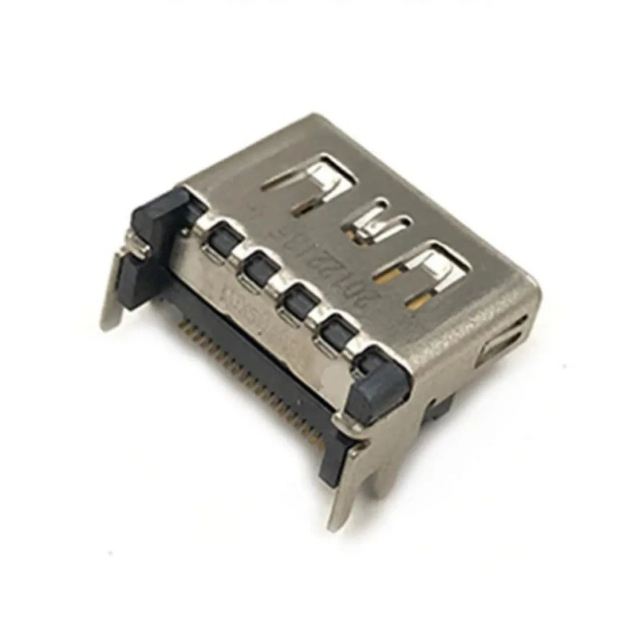 Silver metal HDMI host interface socket connector with mounting holes.