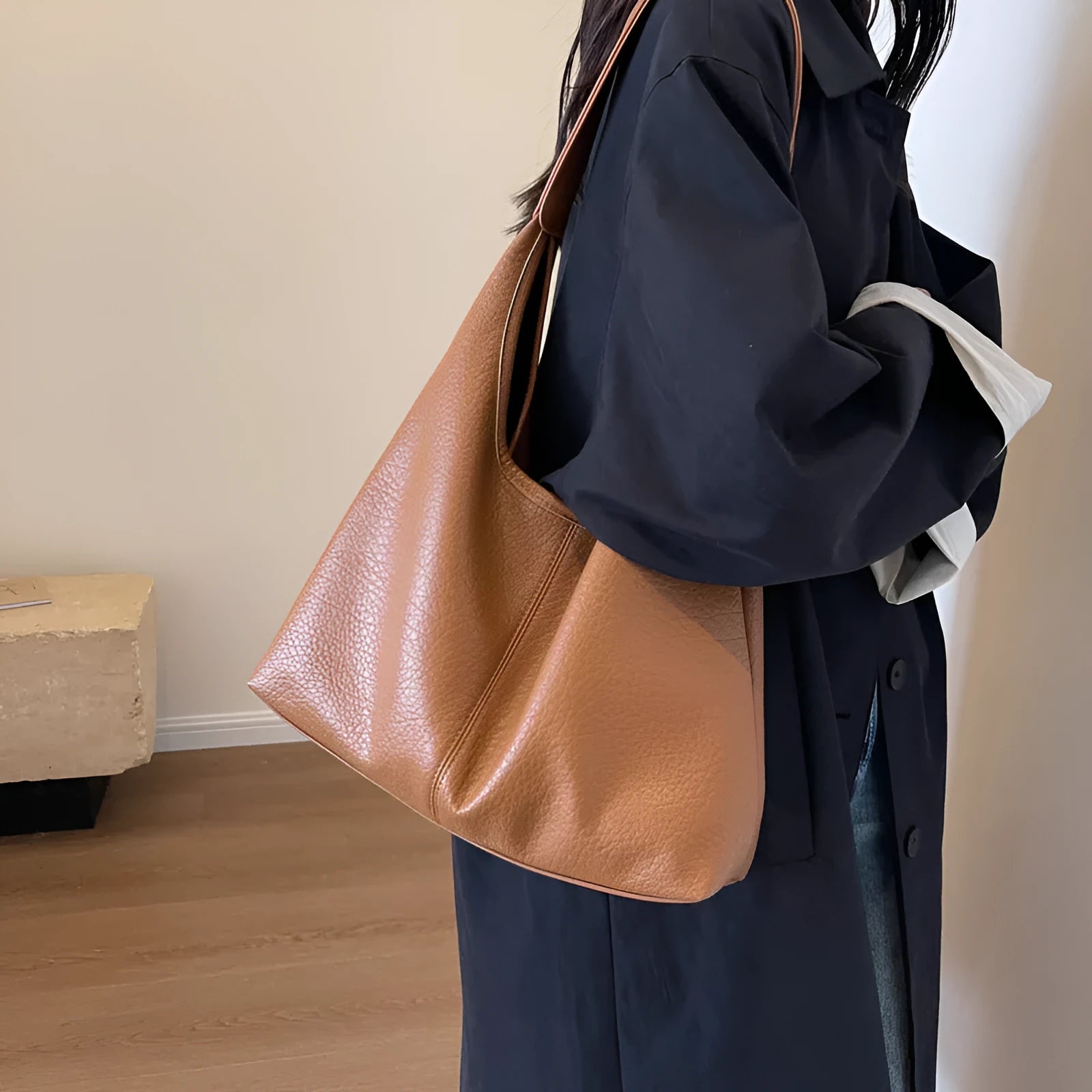 Two women's underarm shoulder bags in beige and brown, with small wallet, soft PU leather, horizontal square shape