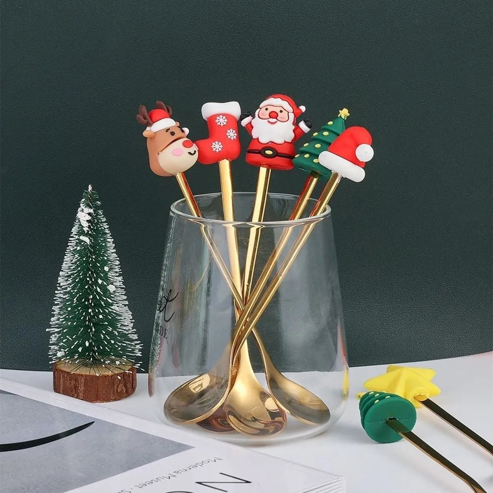 Red stainless steel Christmas spoon and fork set with tree and snowman handle designs