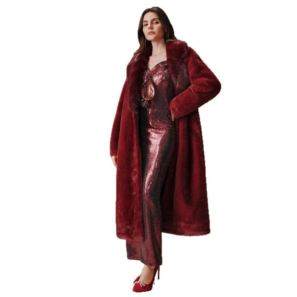 Women's longline faux fur coat in camel colour with regular sleeves and 100cm length