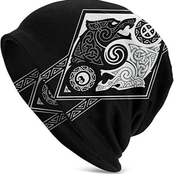 Cotton double-layer elastic beanie with Viking wolf graphic in various colours for street dance