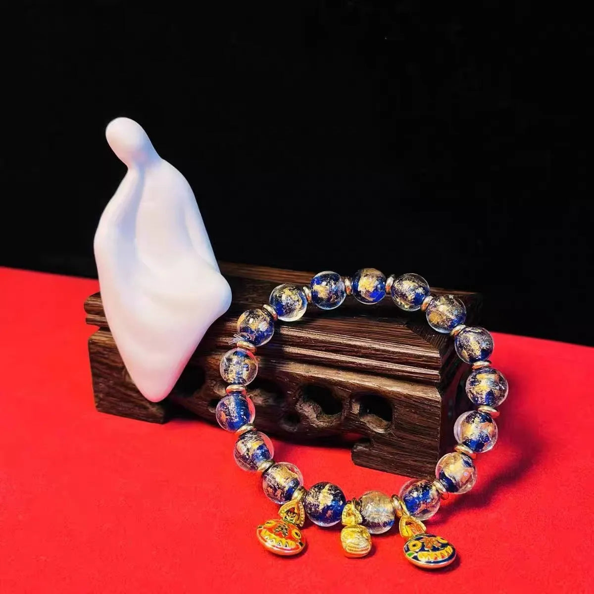 Ancient French Glaze geometric glass bead bracelet with auspicious patterns in red, purple, blue, green, black or colourful.