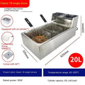Commercial stainless steel deep frying pan with temperature control and two frying baskets