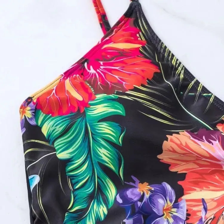 Black women's high waist briefs printed split bikini made from 80% polyester fabric for sports and swimming