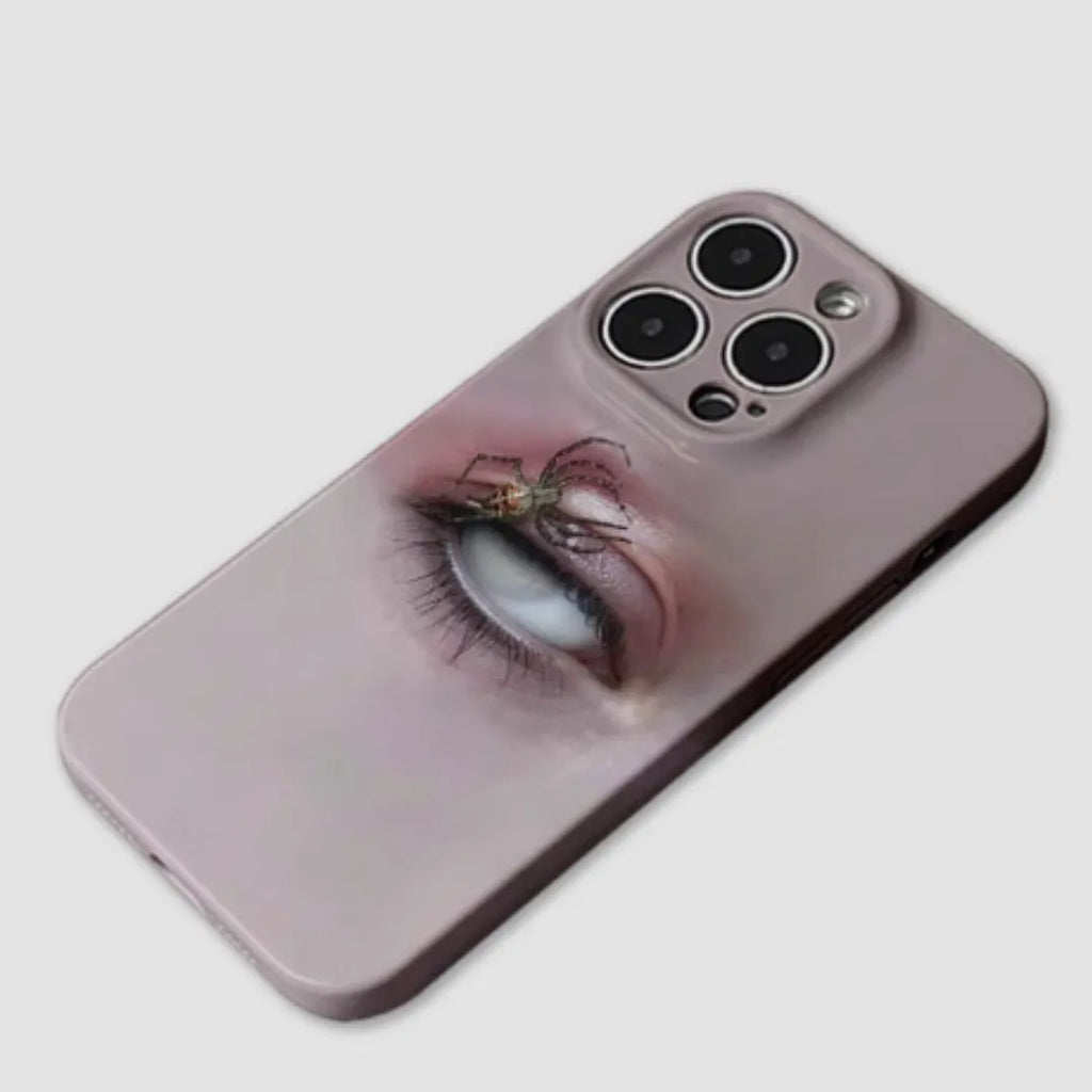 Dark heterochromatic spider pattern resin phone case for iPhone, shown in frosted colour option.