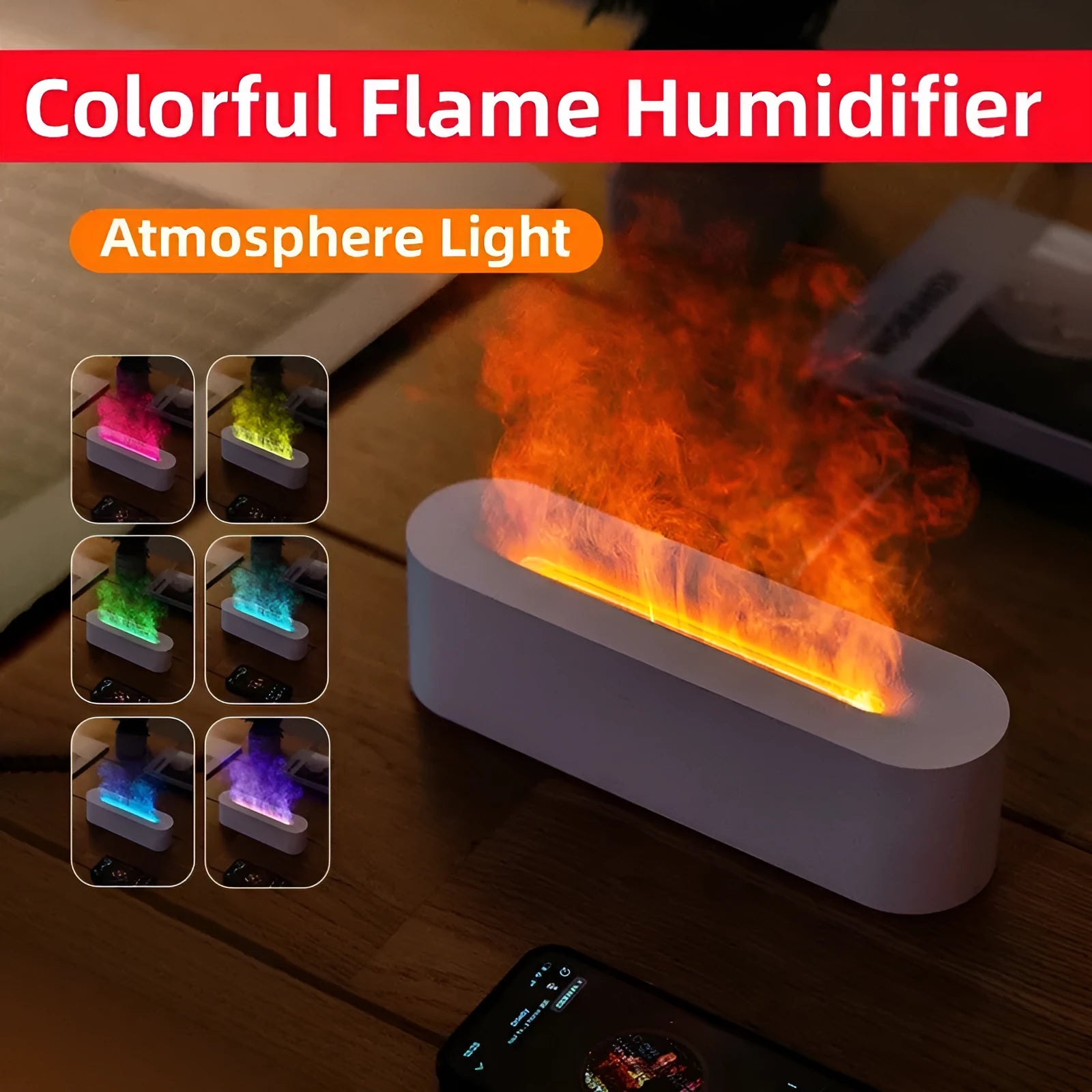 White square DQ709 ultrasonic aroma diffuser with LED flame light effect and cool mist vapour.