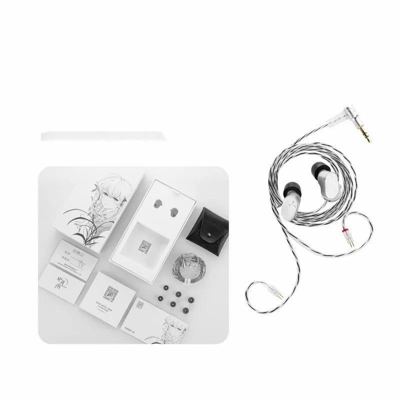 HiFi wired earphone with interchangeable cable in blue with silicone ear tips and storage bag on display