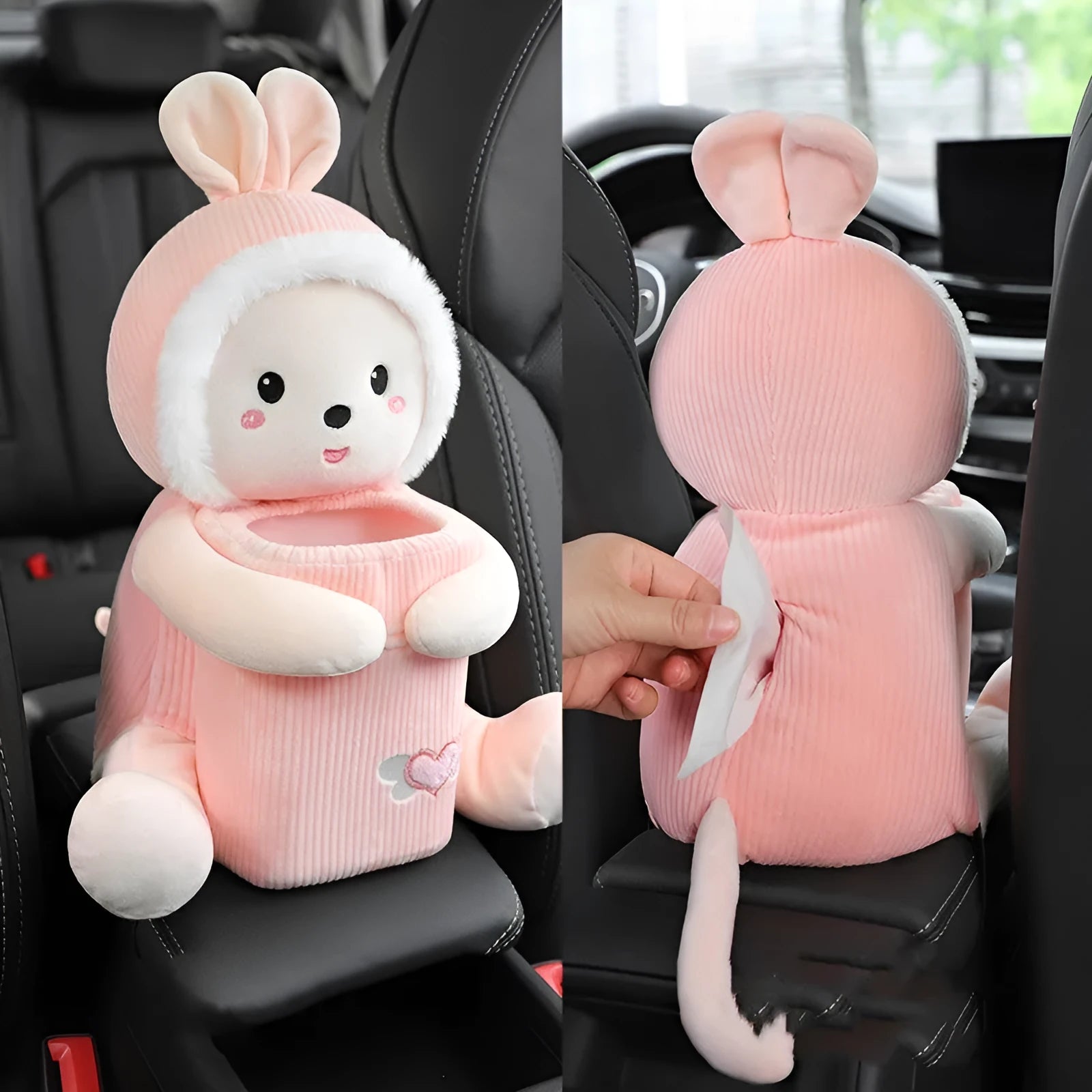 Plush car tissue box and trash can combination unit with pump mechanism on armrest
