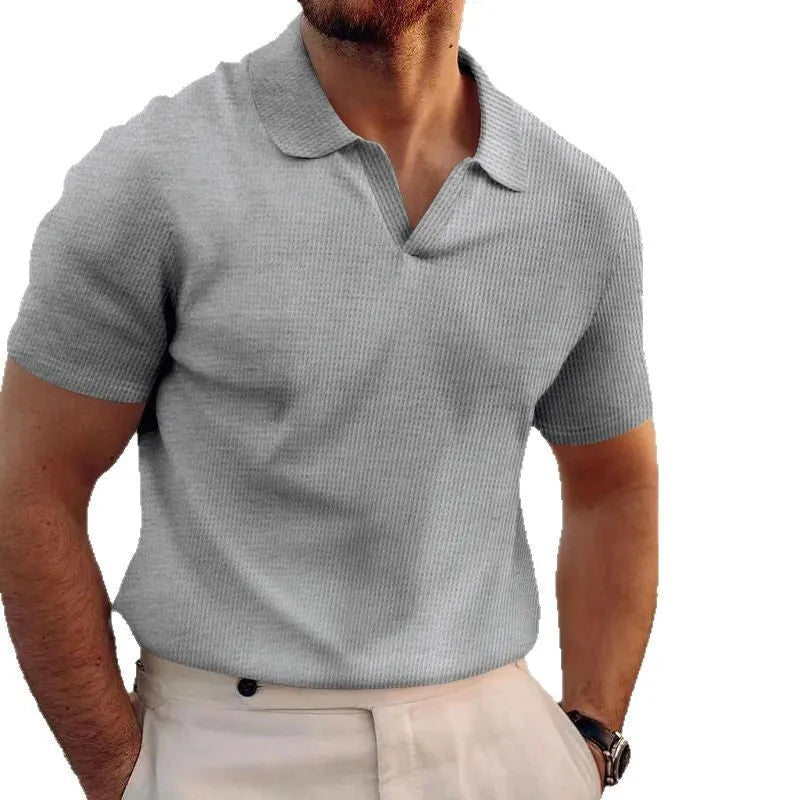 Men's slim fit t-shirt with textured waffle lapels in solid colour.