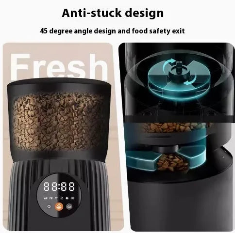 Black and white intelligent pet feeder with automatic timer and USB power cable