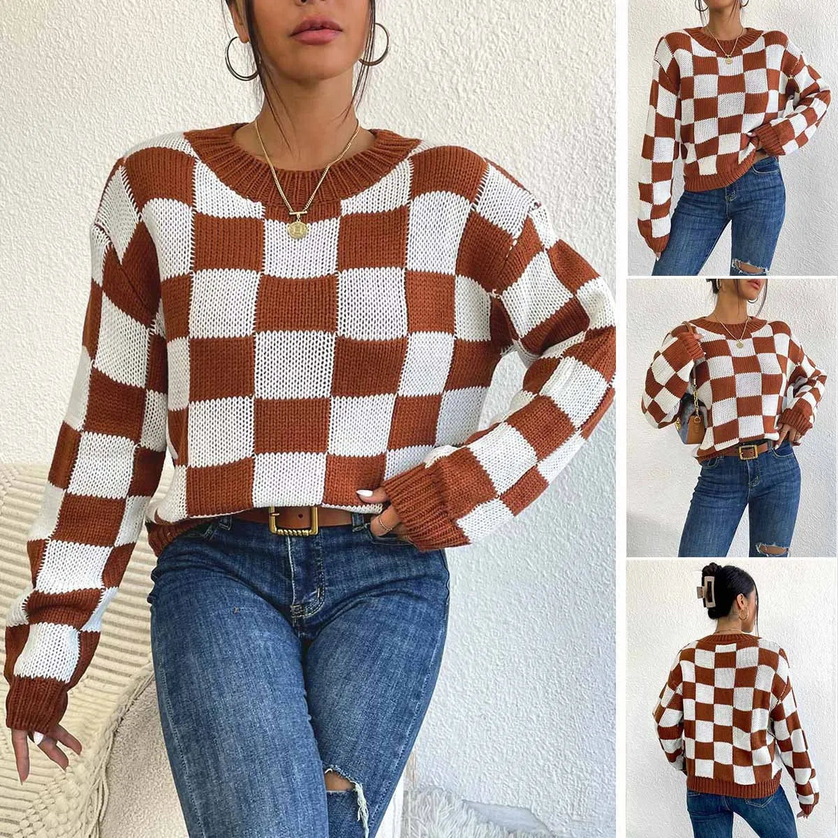 Dark brown plaid pattern long sleeve pullover sweater on a hanger.
