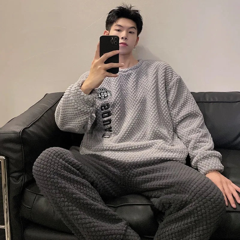 Men's winter flannel pajama suit in jacquard velvet, polyester fibre, pullover style, sizes L to 3XL