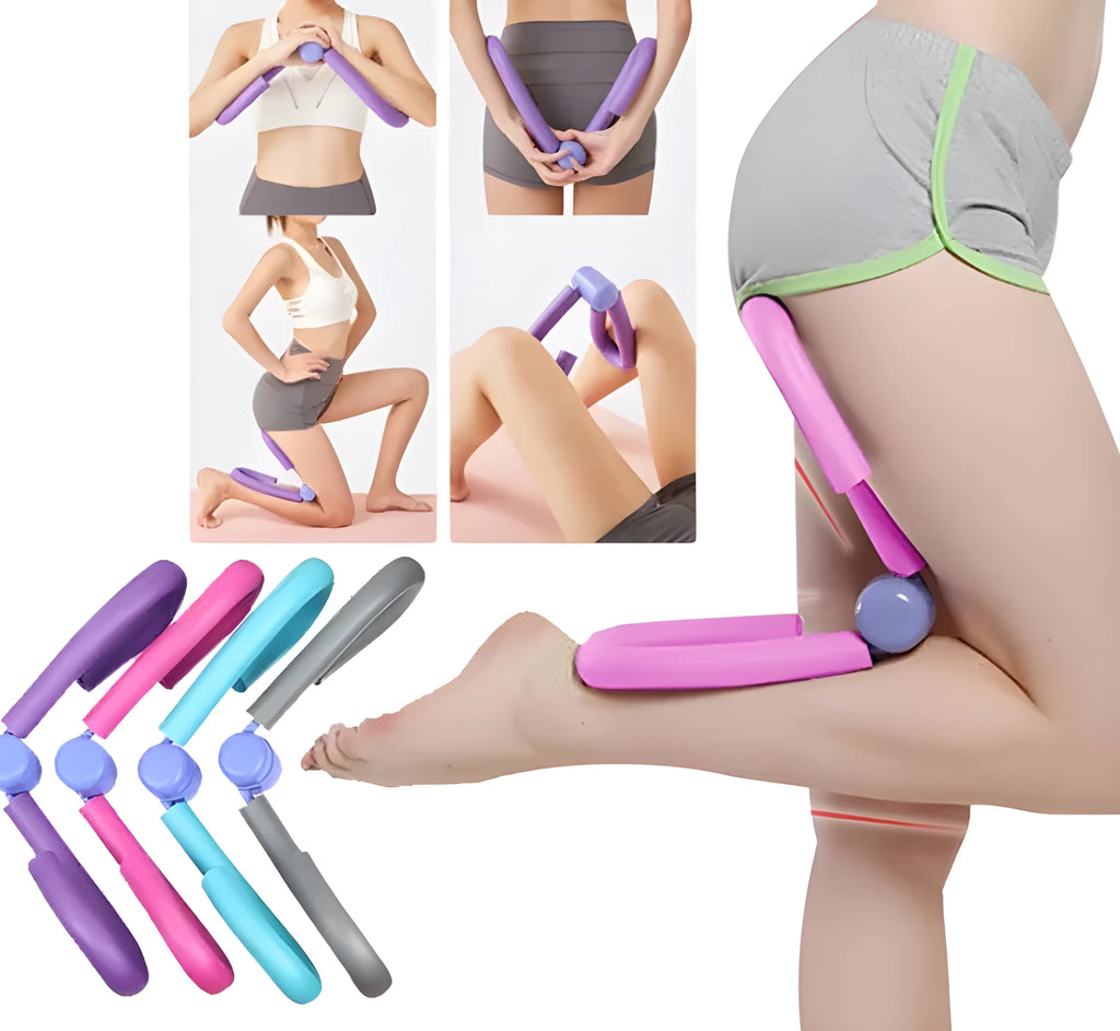 Pink PVC leg training clip with foam padding and steel spring for gym and home workouts.