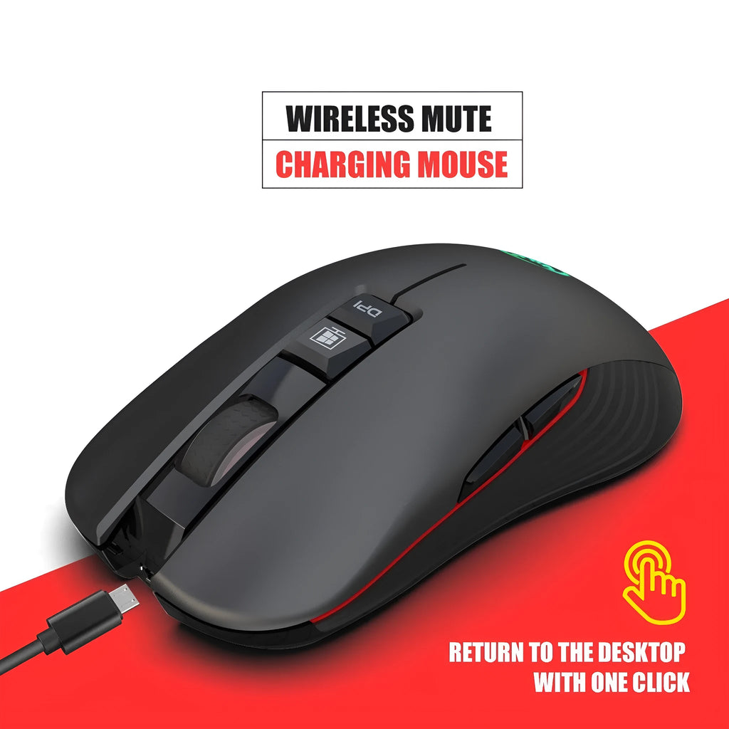Black wireless gaming mouse with RGB breathing lights on a desk, showing ergonomic shape and scroll wheel.