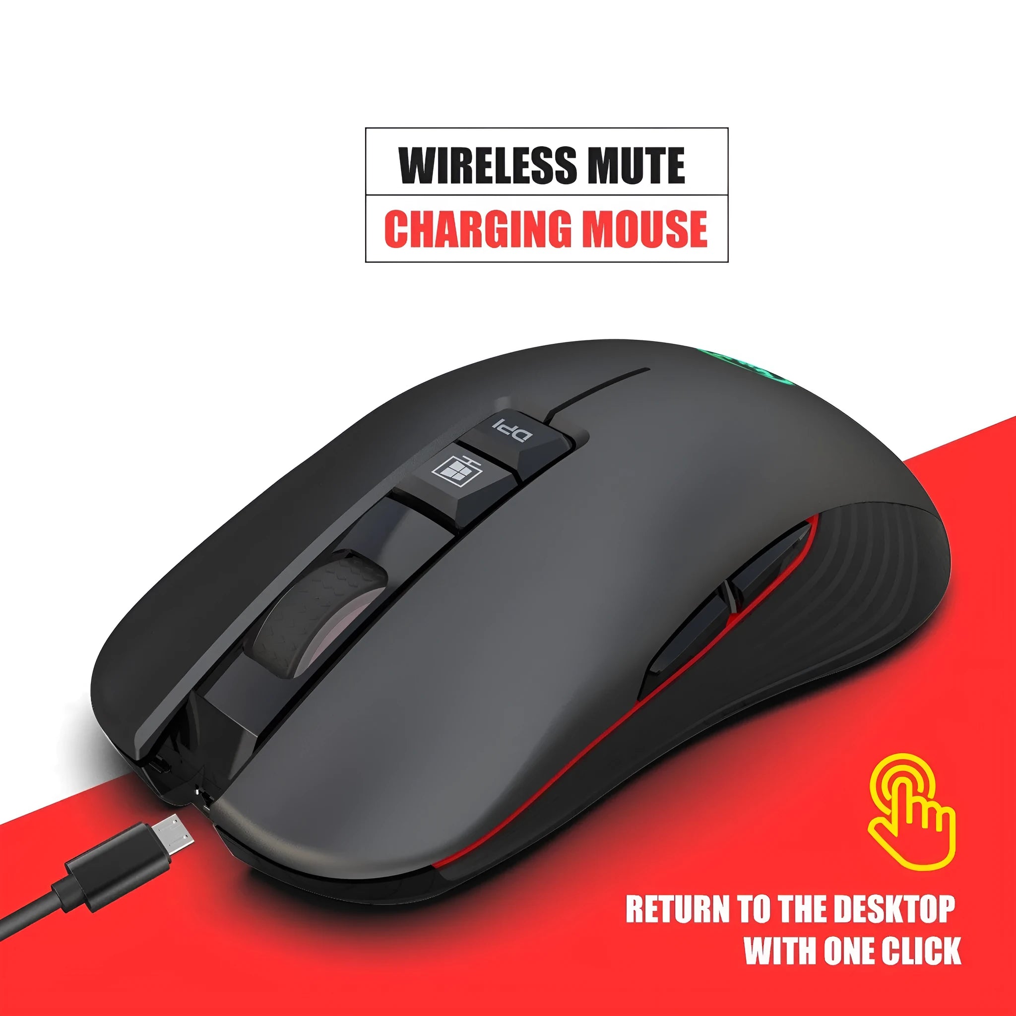 Black wireless gaming mouse with RGB breathing lights on a desk, showing ergonomic shape and scroll wheel.