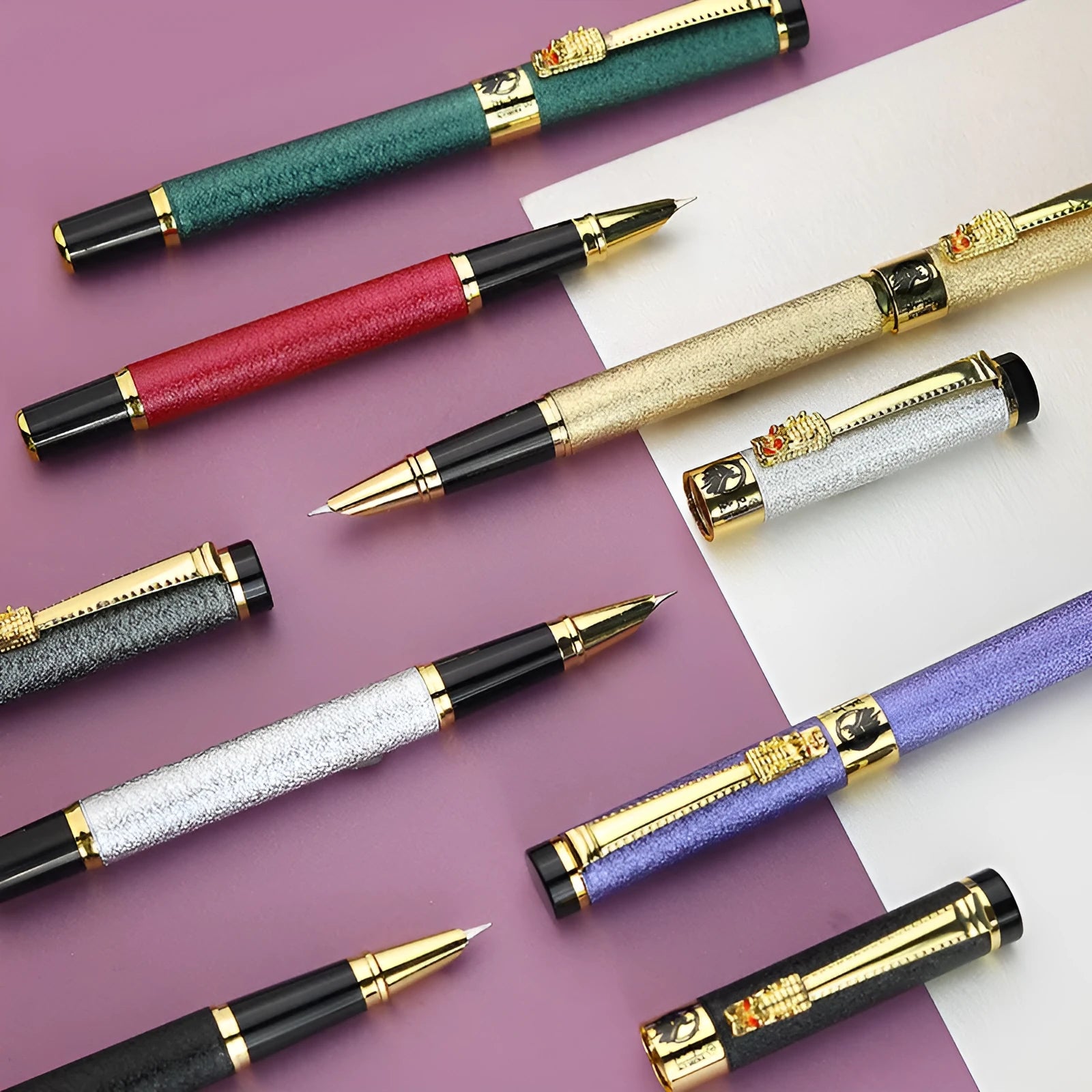 Metal fountain pen with choice of 0.38mm, 0.5mm, 1.0mm art, and ballpoint nibs in seven colours.