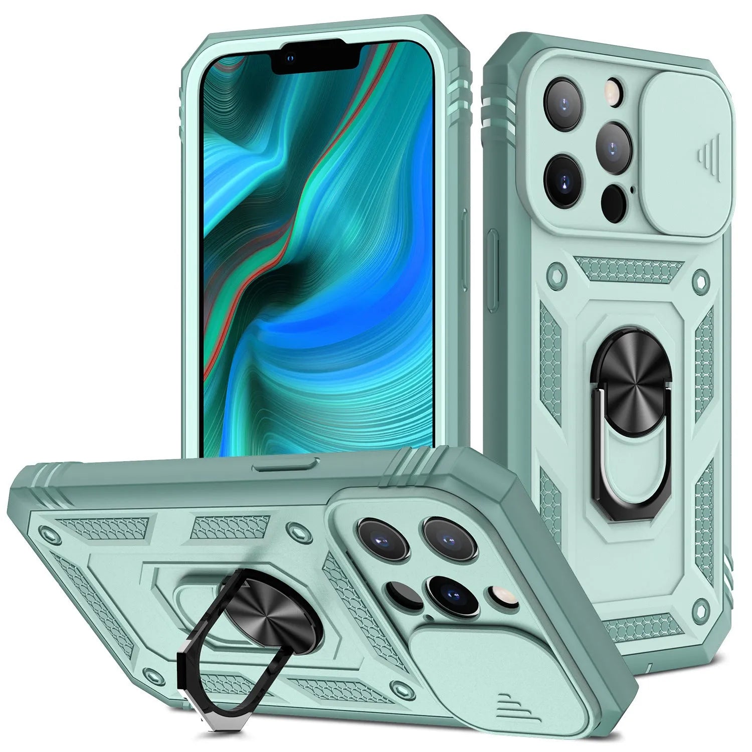 Magnetic iPhone case with sliding window bracket in sapphire blue and grey green colour options