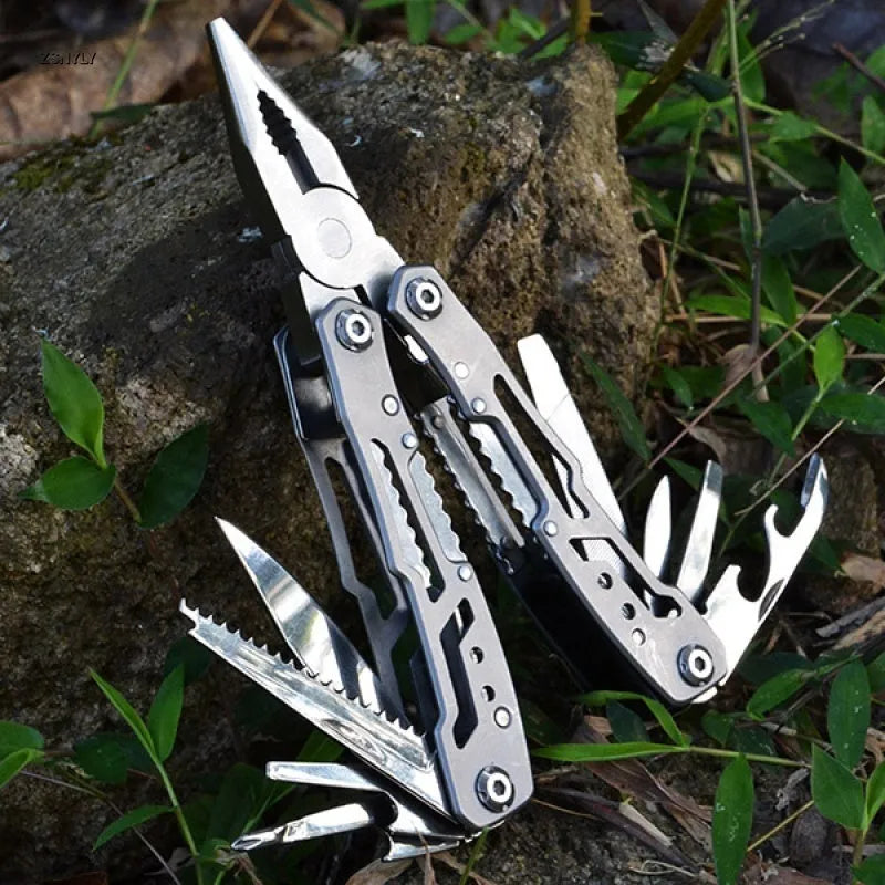 All steel multi-function pliers in black and silver grey with 14-in-one functions, 420 steel body, and 15.6cm developed length