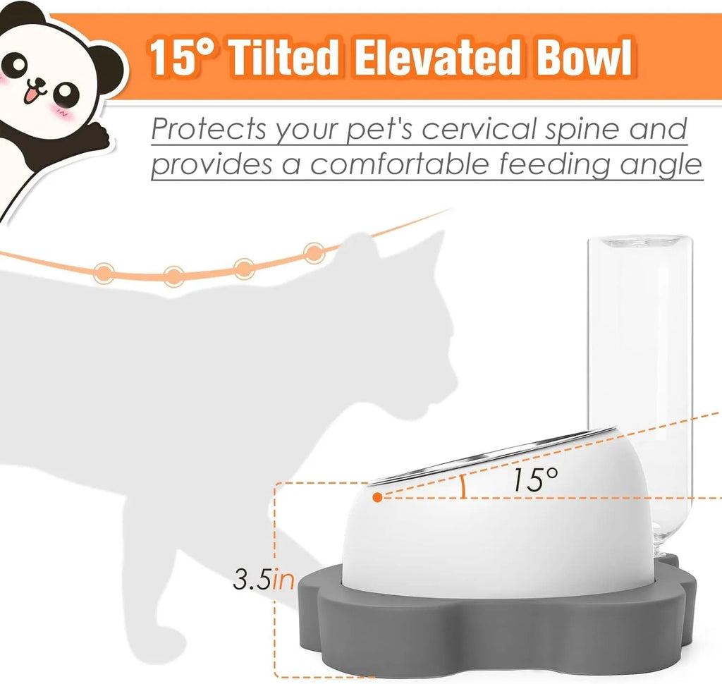 Grey panda-design automatic pet feeder with water bottle and tilted stainless steel bowls