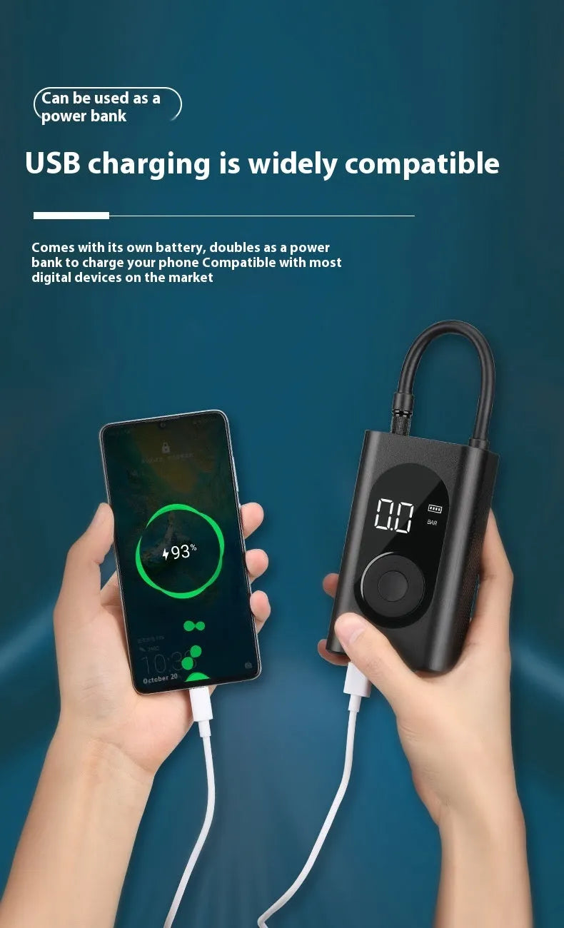 Handheld wireless tyre pump with digital display, air hose, USB cable, and LED flashlight.