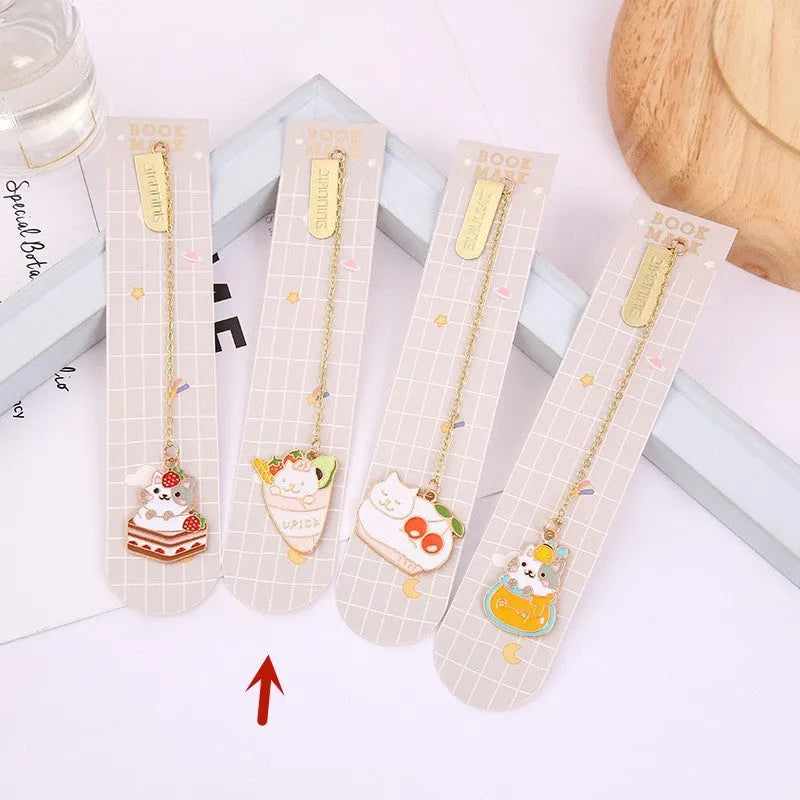 Jane Lime cartoon cat metal bookmark with food-themed designs measuring 3.8cm by 18.3cm