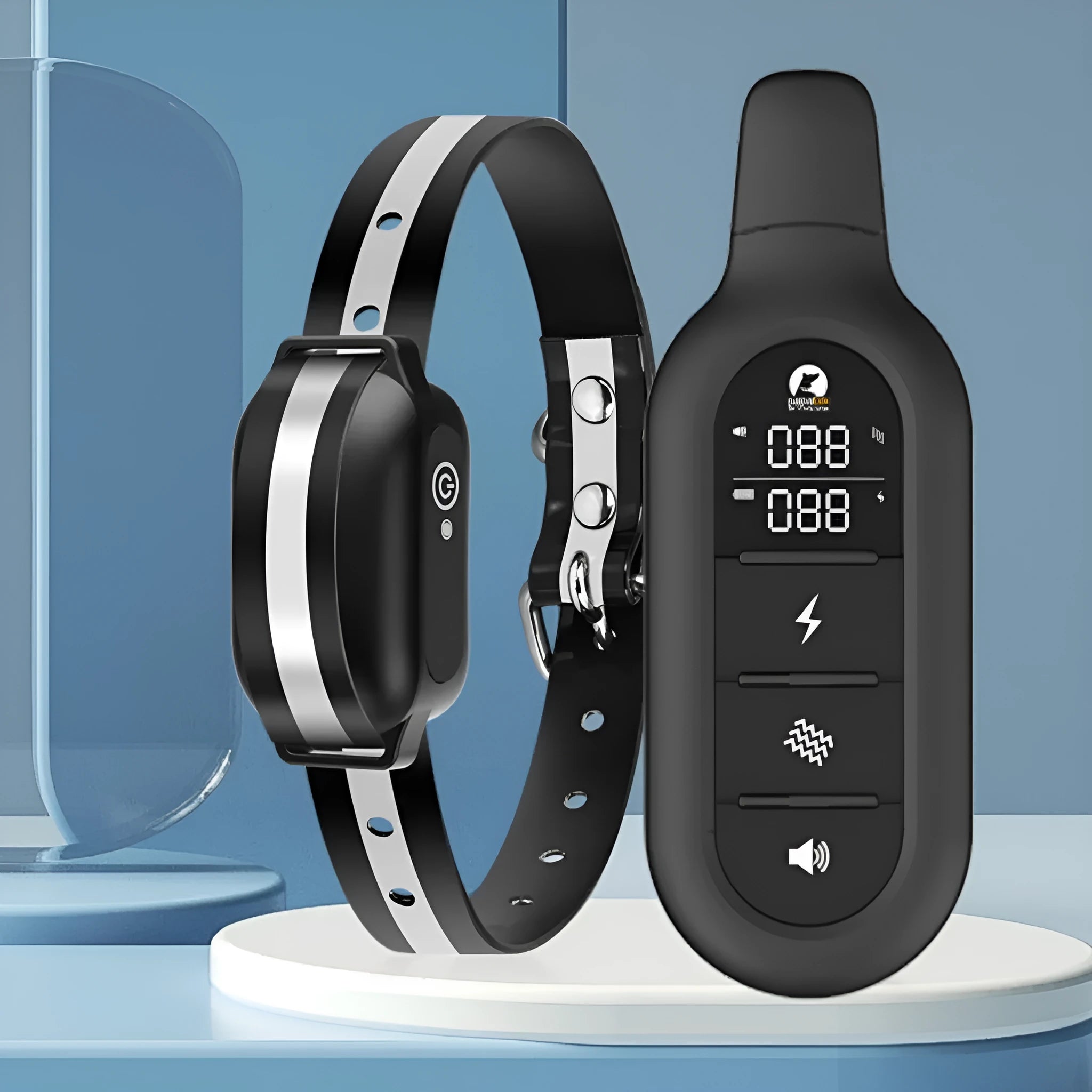 Black waterproof remote control dog trainer with ABS material collar and handheld remote on a neutral background.