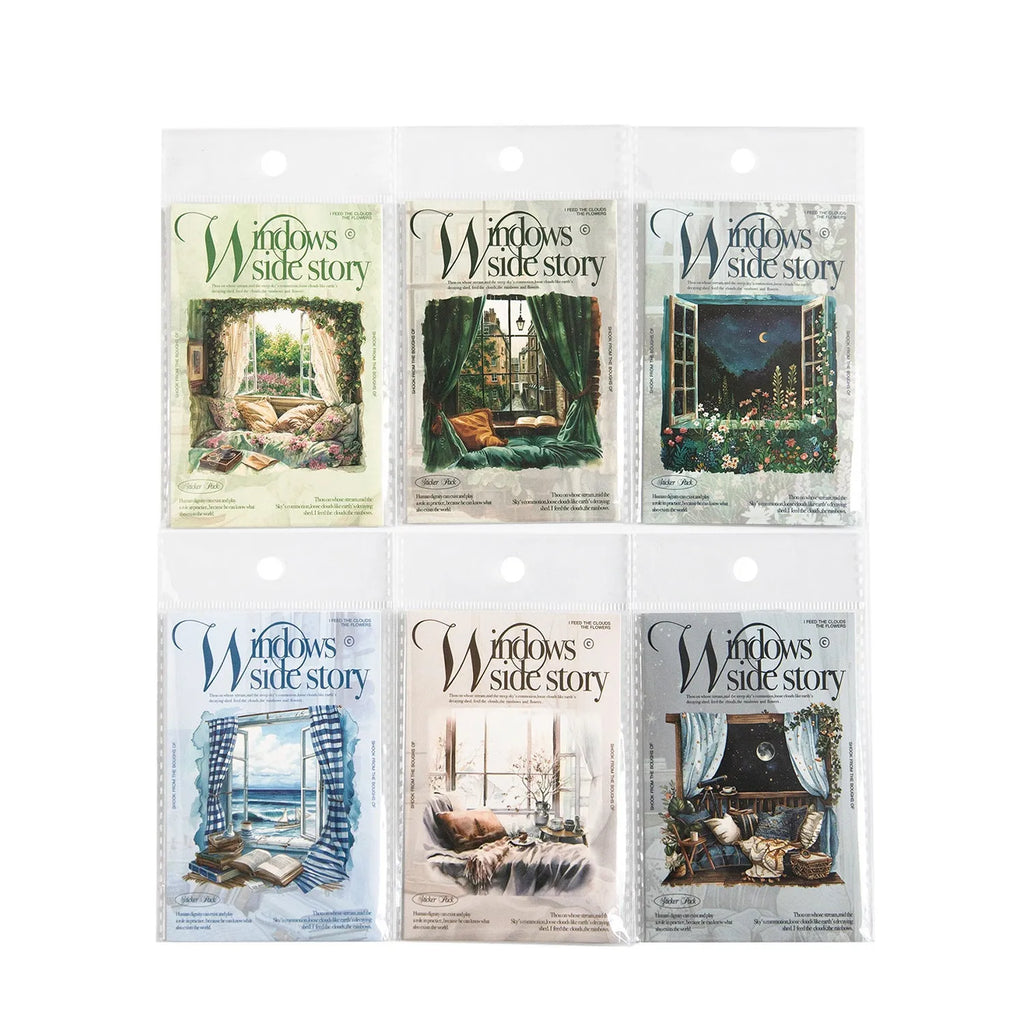 Set of six retro-style window scene decorative journal stickers on a sheet.