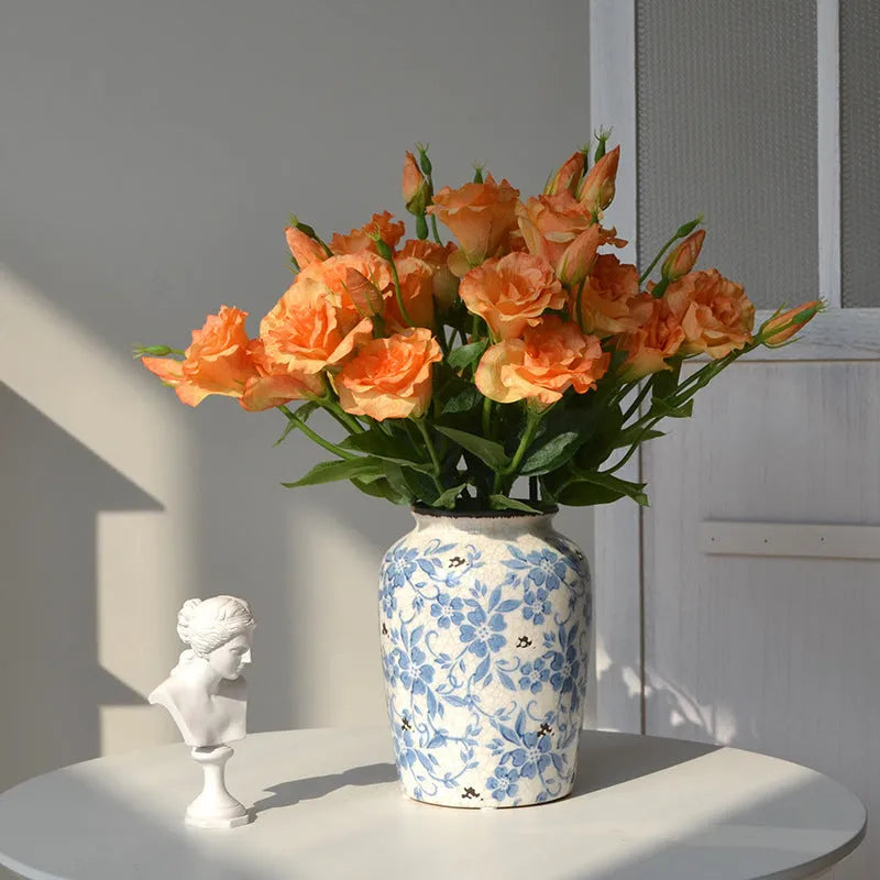 Artificial silk eustoma flower with 3 heads in beige colour, 22cm total length, on white background