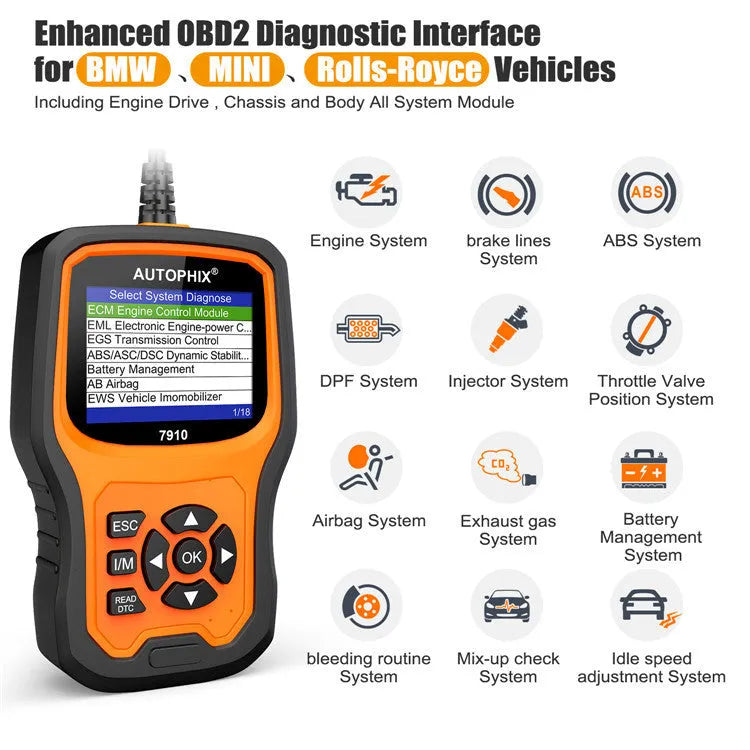 Autophix 7910 automotive diagnostic scanner tool for BMW vehicles with OBD2 connector.