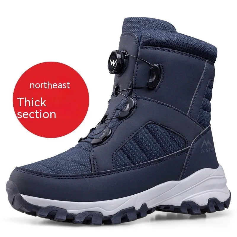 Solid colour fleece-lined button snow boots with Oxford cloth upper and non-slip rubber outsole, black men's boot side view