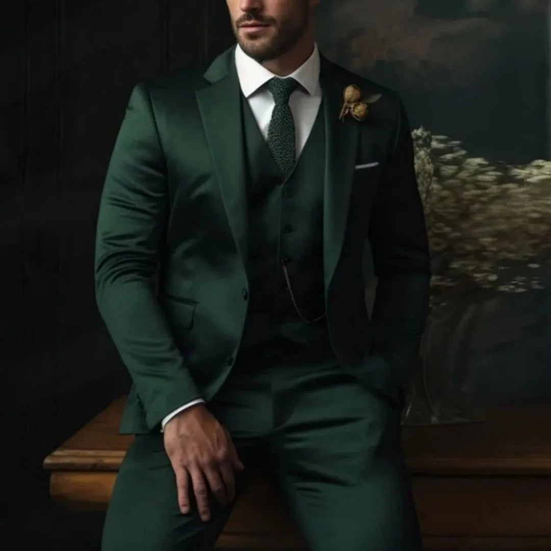 Brand Classic Men three-piece slim fit suit with polo collar in beige, showing blazer, vest, and trousers