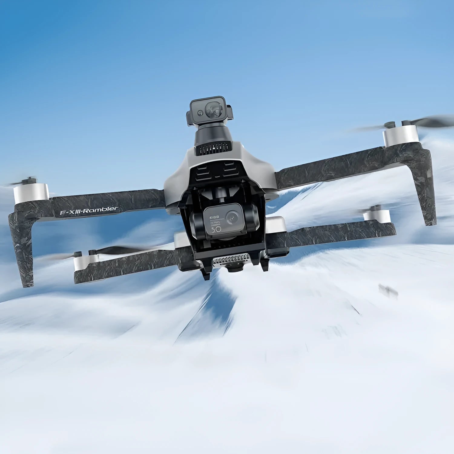 White folding quadcopter drone with camera, shown with remote control and shoulder bag.