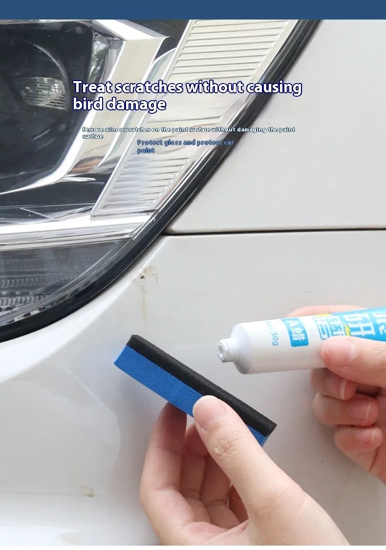 Car repair wax kit showing scratch removal compound, brightening polish, and a frosted sponge mop for paint correction.