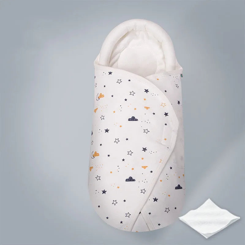 Pure cotton anti-startle baby swaddle in a 30x60 cm size showing one of eight print designs like Dinosaur or Starry Sky.