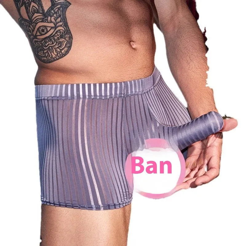 Men's black striped nylon boxer briefs laid flat, showing elastic waistband and leg openings.
