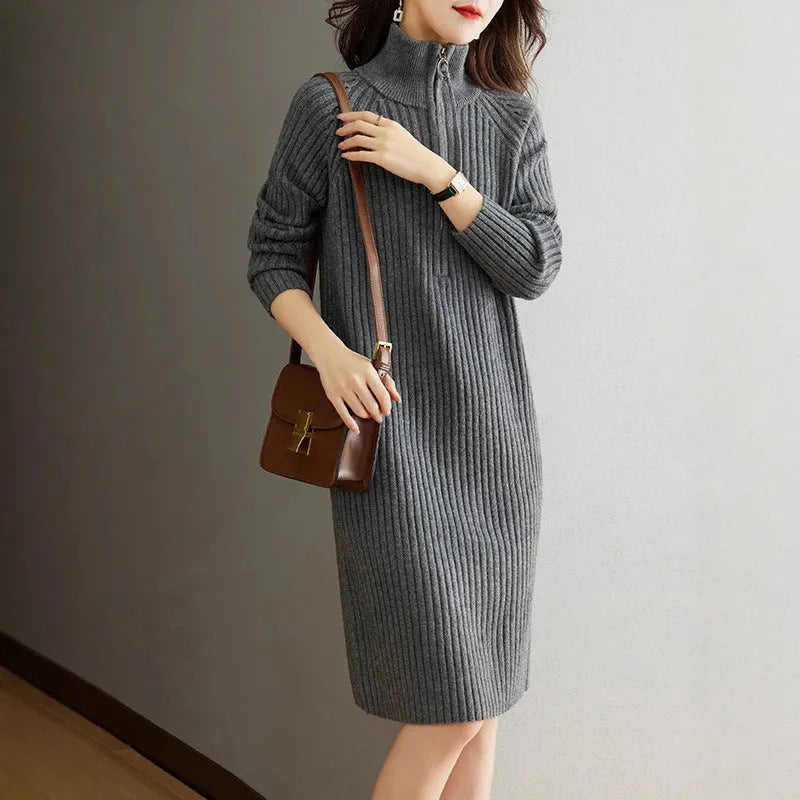 Half zip casual woolen skirt with stand collar and wide waist in straight dress silhouette