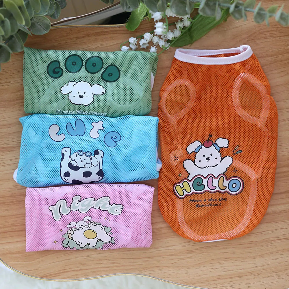 Spring summer grid cartoon printed polyester pet vest in blue, shown on a small dog, size range XS to 6XL