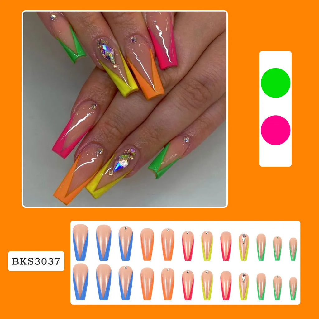 Set of detachable nail tips in diamond colour with cartoon love cross heart pattern, jelly glue, and a filing strip.