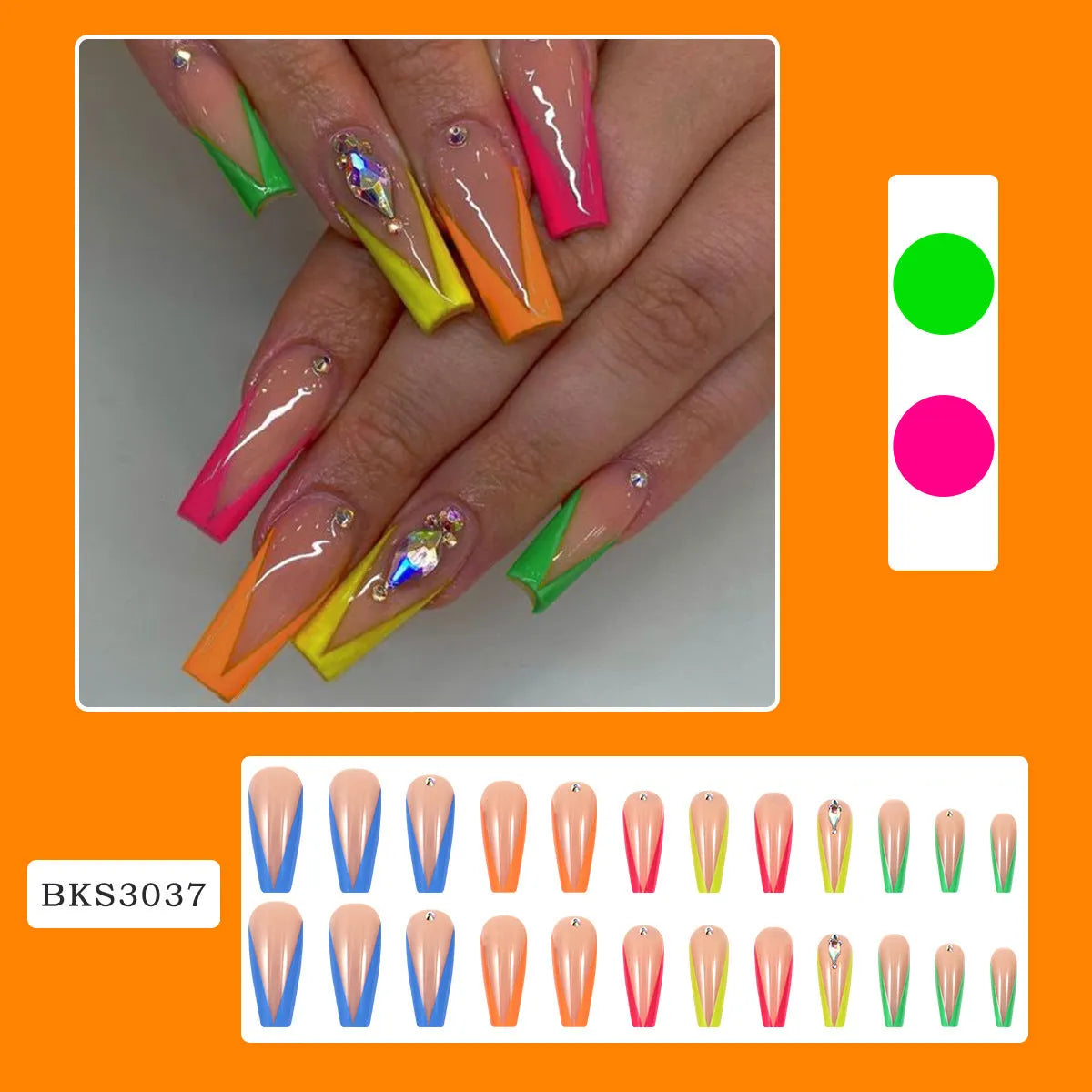 Set of detachable nail tips in diamond colour with cartoon love cross heart pattern, jelly glue, and a filing strip.
