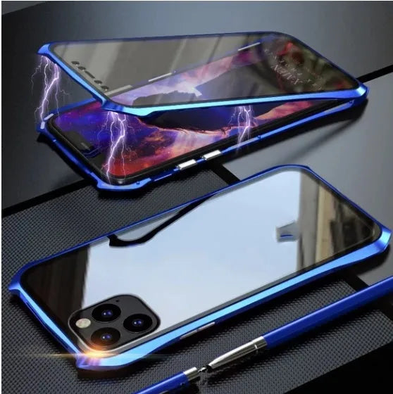 Metal and glass magnetic protective phone cover for iPhone 11 series in black, red, blue, and silver colours.