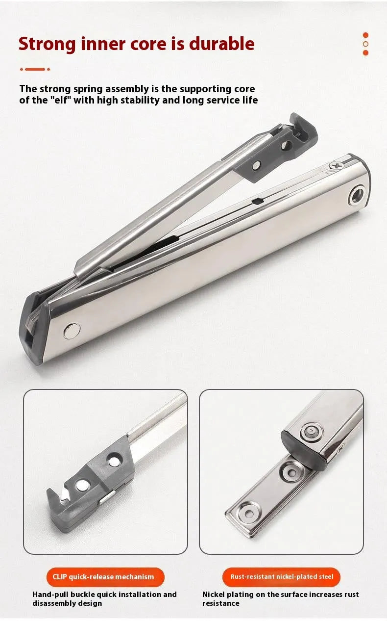 Cold rolled steel cabinet support rod with spring jackstay in stainless steel natural colour.