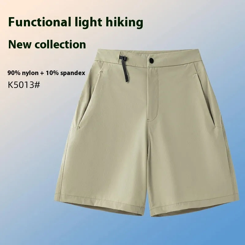 Man wearing khaki quick-drying sports shorts with a 3D cut, suitable for running.
