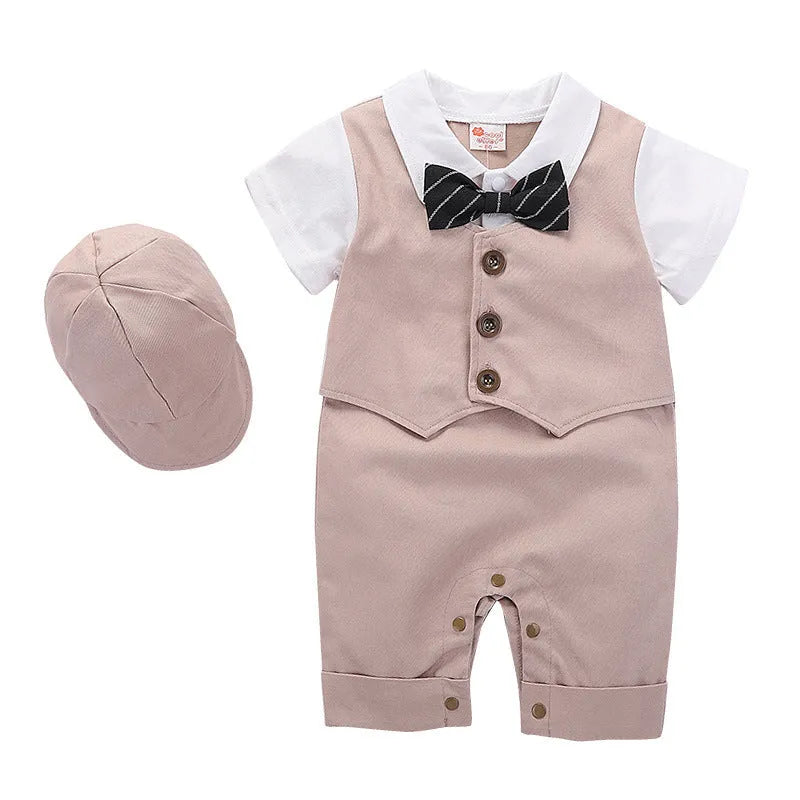 Cotton baby jumpsuit romper in black with short sleeves and removable hood, front view