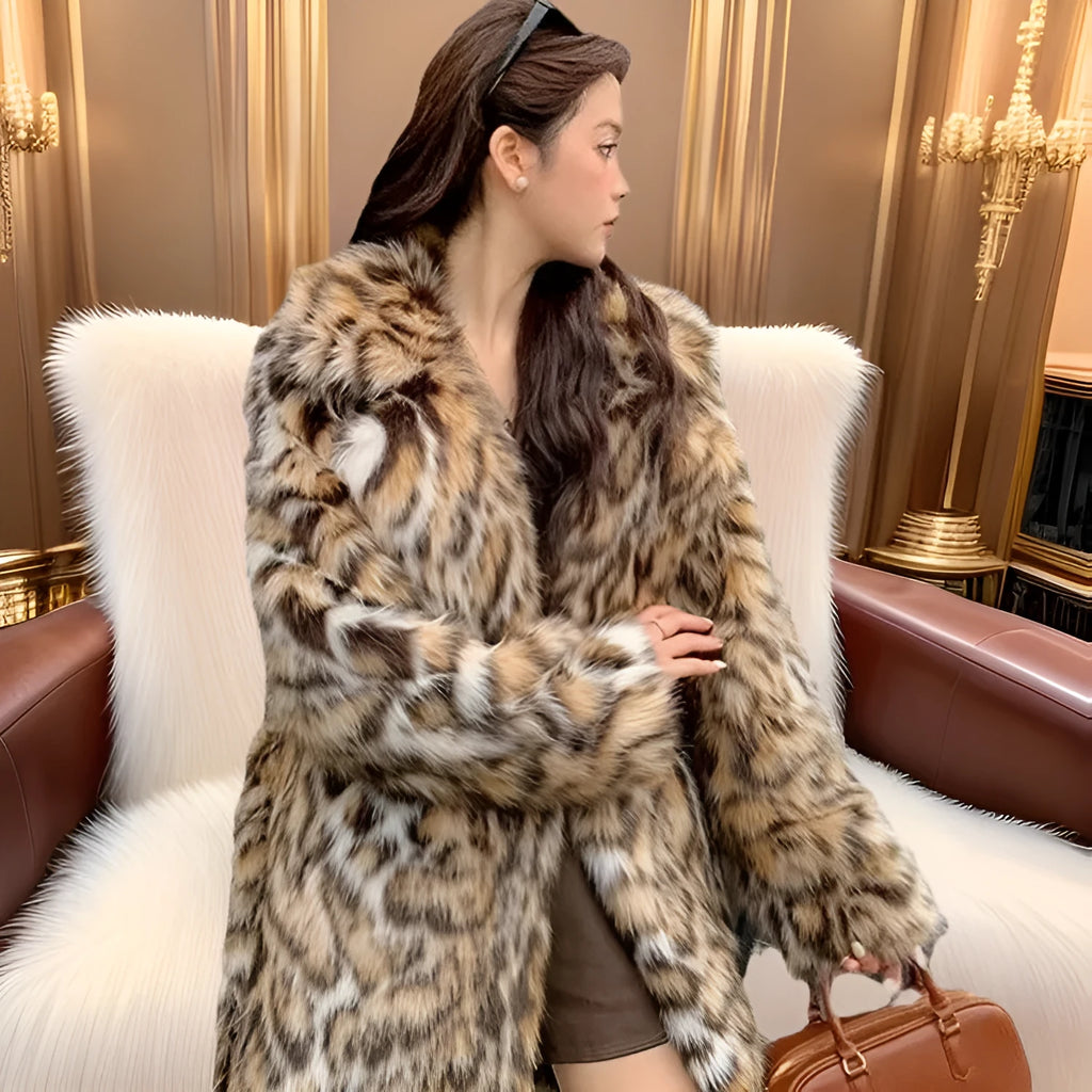 A women's long faux fur coat with a fur collar and pockets, shown in a street fashion style.