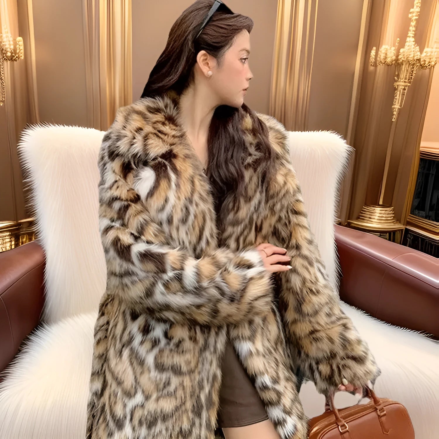 A women's long faux fur coat with a fur collar and pockets, shown in a street fashion style.